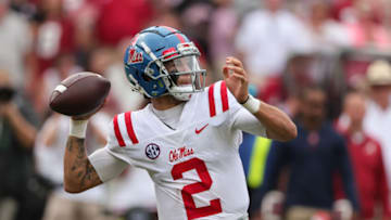 Oct 2, 2021; Tuscaloosa, Alabama, USA; Mississippi Rebels quarterback Matt Corral (2) throws a pass against the Alabama Crimson Tide during the first half of an NCAA college football game at Bryant-Denny Stadium. Mandatory Credit: Butch Dill-USA TODAY Sports