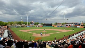 Mar 14, 2014; Scottsdale, AZ, USA; A general view of the game between the San Francisco Giants and the Colorado Rockies at Scottsdale Stadium. The Giants won 4-0. Mandatory Credit: Joe Camporeale-USA TODAY Sports