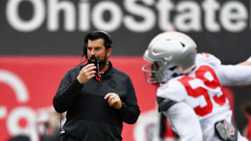 COLUMBUS, OH - APRIL 17: Head Coach Ryan Day of the Ohio State Buckeyes coaches his team during the Spring Game at Ohio Stadium on April 17, 2021 in Columbus, Ohio. (Photo by Jamie Sabau/Getty Images)
