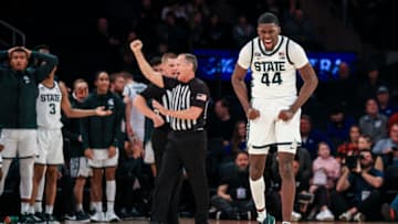 Nov 9, 2021; New York, New York, USA; Michigan State Spartans forward Gabe Brown (44) reacts after being called for a foul during the first half against the Kansas Jayhawks at Madison Square Garden. Mandatory Credit: Vincent Carchietta-USA TODAY Sports