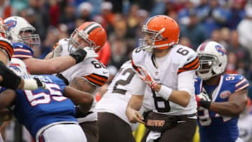 Nov 30, 2014; Orchard Park, NY, USA; Cleveland Browns quarterback Brian Hoyer (6) throws the ball during the first quarter against the Buffalo Bills at Ralph Wilson Stadium. Mandatory Credit: Timothy T. Ludwig-USA TODAY Sports