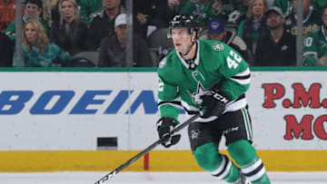 DALLAS, TX - APRIL 6: Taylor Fedun #42 of the Dallas Stars handles the puck against the Minnesota Wild at the American Airlines Center on April 6, 2019 in Dallas, Texas. (Photo by Glenn James/NHLI via Getty Images)