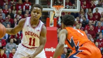 Jan 19, 2016; Bloomington, IN, USA; Indiana Hoosiers guard Yogi Ferrell (11) dribbles the ball in the first half of the game against the Illinois Fighting Illini at Assembly Hall. Mandatory Credit: Trevor Ruszkowski-USA TODAY Sports