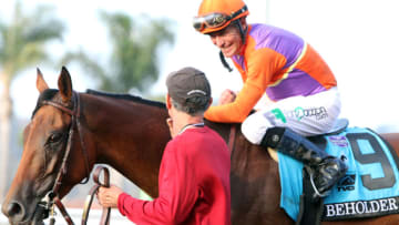 DEL MAR, CA - AUGUST 22: Beholder with jockey Gary Stevens up, becomes the first filly to win the Pacific Classic on August 22, 2015 at Del Mar Thoroughbred Club in Del Mar, Califonia. (Photo by Horsephotos/Getty Images)