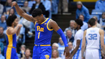CHAPEL HILL, NORTH CAROLINA - JANUARY 08: Xavier Johnson #1 of the Pittsburgh Panthers signals to count the basket after a foul against the North Carolina Tar Heels during the second half of their game at Dean Smith Center on January 08, 2020 in Chapel Hill, North Carolina. Pitt won 73-65. (Photo by Grant Halverson/Getty Images)
