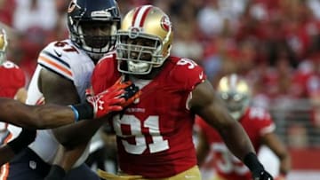 Sep 14, 2014; Santa Clara, CA, USA; San Francisco 49ers defensive end Ray McDonald (91) battles for position against Chicago Bears defenders in the fourth quarter of their NFL football game at Levis Stadium. Mandatory Credit: Lance Iversen-USA TODAY Sports