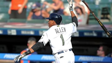 CLEVELAND, OH - MAY 27: Cleveland Indians outfielder Greg Allen (1) tosses his bat as his drive clears the right field wall for a game-winning walk-off home run in the fourteenth inning of the Major League Baseball game between the Houston Astros and Cleveland Indians on May 27, 2018, at Progressive Field in Cleveland, OH. Cleveland defeated Houston 10-9 in fourteen innings. (Photo by Frank Jansky/Icon Sportswire via Getty Images)