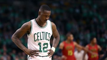 Apr 28, 2016; Boston, MA, USA; Boston Celtics guard Terry Rozier (12) reacts against the Atlanta Hawks during the second half in game six of the first round of the NBA Playoffs at TD Garden. Mandatory Credit: Mark L. Baer-USA TODAY Sports