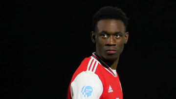 BOREHAMWOOD, ENGLAND - FEBRUARY 17: Folarin Balogun of Arsenal FC looks on during the Premier League 2 match between Arsenal FC U23s and Chelsea FC U23s at Meadow Park on February 17, 2020 in Borehamwood, England. (Photo by James Chance/Getty Images)