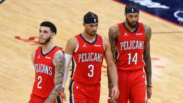 Lonzo Ball #2 of the New Orleans Pelicans, Josh Hart #3 and Brandon Ingram. (Photo by Jonathan Bachman/Getty Images)