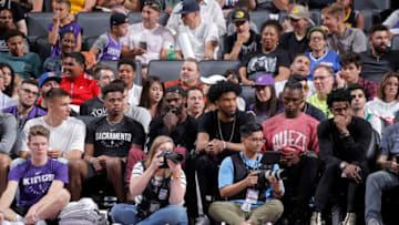 SACRAMENTO, CA - JULY 2: Bogdan Bogdanovic #8, Buddy Hield #24, Dewayne Dedmon, Marvin Bagley III #35, Harry Giles #20, and De'Aaron Fox #5 of the Sacramento Kings attend the game against the Miami Heat on July 2, 2019 at Golden 1 Center in Sacramento, California. NOTE TO USER: User expressly acknowledges and agrees that, by downloading and/or using this photograph, user is consenting to the terms and conditions of the Getty Images License Agreement. Mandatory Copyright Notice: Copyright 2019 NBAE (Photo by Rocky Widner/NBAE via Getty Images)