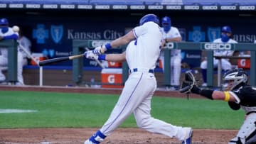 Sep 5, 2020; Kansas City, Missouri, USA; Kansas City Royals center fielder Bubba Starling (11) hits a solo home run in the third inning against the Chicago White Sox at Kauffman Stadium. Mandatory Credit: Denny Medley-USA TODAY Sports