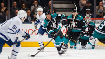 TORONTO, ON - FEBRUARY 4: Ryan Getzlaf #15 of the Anaheim Ducks clears the puck against the Toronto Maple Leafs during the second period at the Scotiabank Arena on February 4, 2019 in Toronto, Ontario, Canada. (Photo by Mark Blinch/NHLI via Getty Images)