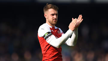 LIVERPOOL, ENGLAND - APRIL 07: Aaron Ramsey of Arsenal applauds fans after the Premier League match between Everton FC and Arsenal FC at Goodison Park on April 07, 2019 in Liverpool, United Kingdom. (Photo by Harriet Lander/Copa/Getty Images)