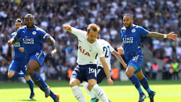 LONDON, ENGLAND - MAY 13: Harry Kane of Tottenham Hotspusr cores his sides first goal during the Premier League match between Tottenham Hotspur and Leicester City at Wembley Stadium on May 13, 2018 in London, England. (Photo by Warren Little/Getty Images)
