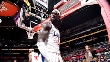 LOS ANGELES, CA - OCTOBER 9: Montrezl Harrell #5 of the LA Clippers shows a serious face against the Denver Nuggets during a pre-season game on October 9, 2018 at Staples Center in Los Angeles, California. NOTE TO USER: User expressly acknowledges and agrees that, by downloading and/or using this photograph, User is consenting to the terms and conditions of the Getty Images License Agreement. Mandatory Copyright Notice: Copyright 2018 NBAE (Photo by Adam Pantozzi/NBAE via Getty Images)