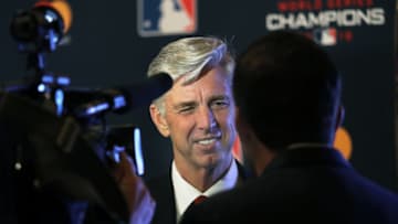 BOSTON, MA - DECEMBER 3: Boston Red Sox president of baseball operations Dave Dombrowski gives an interview during the red carpet arrivals for the premiere of "The 2018 World Series: Damage Done" documentary film about the 2018 World Champion Boston Red Sox held at the Emerson Colonial Theatre in Boston on Dec. 3, 2018. (Photo by Jim Davis/The Boston Globe via Getty Images)