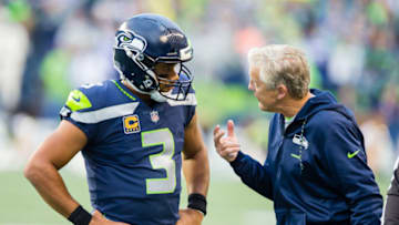 SEATTLE, WA - OCTOBER 01: Head coach Pete Carroll and Russell Wilson (3) of the Seattle Seahawks discuss the game on the sidelines during a game between the Seattle Seahawks and the Indianapolis Colts on October 01, 2017 at CenturyLink Field in Seattle, WA. (Photo by Christopher Mast/Icon Sportswire via Getty Images)