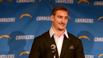 Apr 29, 2016; San Diego, CA, USA; San Diego Chargers first round draft pick Joey Bosa speaks to media during a press conference at Chargers Park. Mandatory Credit: Jake Roth-USA TODAY Sports