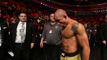DETROIT, MI - DECEMBER 2: Jose Aldo exists the Octagon after his fight against Max Holloway during the UFC 218 event at Little Caesars Arena on December 2, 2017 in Detroit, Michigan. (Photo by Rey Del Rio/Zuffa LLC via Getty Images)