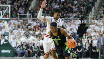 EAST LANSING, MI - JANUARY 19: Cassius Winston #5 of the Michigan State Spartans drives to the basket while defended by Devonte Green #11 of the Indiana Hoosiers at Breslin Center on January 19, 2018 in East Lansing, Michigan. (Photo by Rey Del Rio/Getty Images)