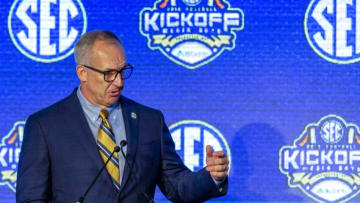 July 15, 2019; Birmingham, AL, USA; SEC commissioner Greg Sankey speaks to the media during SEC Media Days at the Hyatt Regency-Birmingham. Mandatory Credit: Vasha Hunt-USA TODAY Sports