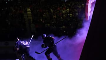 LAS VEGAS, NEVADA - FEBRUARY 17: Marc-Andre Fleury #29 and Ryan Reaves #75 of the Vegas Golden Knights take to the ice for a game against the Washington Capitals at T-Mobile Arena on February 17, 2020 in Las Vegas, Nevada. The Golden Knights defeated the Capitals 3-2. (Photo by Ethan Miller/Getty Images)