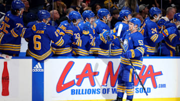 Nov 24, 2023; Buffalo, New York, USA; Buffalo Sabres left wing Jeff Skinner (53) celebrates his goal with teammates during the third period against the Pittsburgh Penguins at KeyBank Center. Mandatory Credit: Timothy T. Ludwig-USA TODAY Sports