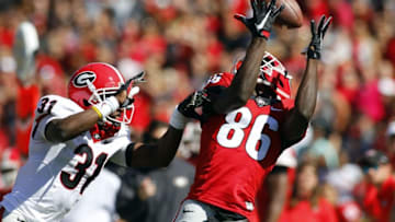 Apr 16, 2016; Athens, GA, USA; Georgia Bulldogs wide receiver Riley Ridley (86) catches a pass over cornerback Shattle Fenteng (31) during the first half of the spring game at Sanford Stadium. Mandatory Credit: Brett Davis-USA TODAY Sports