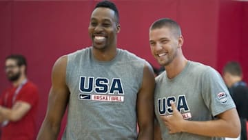 Aug 12, 2015; Las Vegas, NV, USA; Team USA center Dwight Howard (left) with forward Chandler Parsons during the second day of the USA men's basketball national team minicamp at Mendenhall Center. Mandatory Credit: Stephen R. Sylvanie-USA TODAY Sports