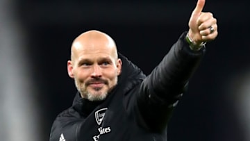 LONDON, ENGLAND - DECEMBER 09: Freddie Ljungberg, Interim Manager of Arsenal acknowledges the fans during the Premier League match between West Ham United and Arsenal FC at London Stadium on December 09, 2019 in London, United Kingdom. (Photo by Julian Finney/Getty Images)