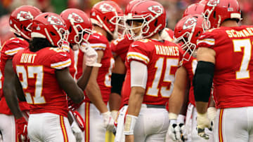 KANSAS CITY, MO - OCTOBER 07: Patrick Mahomes #15 of the Kansas City Chiefs looks out from the huddle during the game against the Jacksonville Jaguars at Arrowhead Stadium on October 7, 2018 in Kansas City, Missouri. (Photo by Jamie Squire/Getty Images)