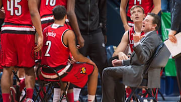 Feb 13, 2016; South Bend, IN, USA; Louisville Cardinals head coach Rick Pitino reacts during a time out in the first half against the Notre Dame Fighting Irish at the Purcell Pavilion. Mandatory Credit: Matt Cashore-USA TODAY Sports