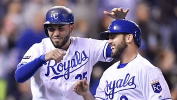 The Kansas City Royals' Eric Hosmer and Mike Moustakas (8) celebrate scoring on a double by Alcides Escobar in the eighth inning against the Detroit Tigers at Kauffman Stadium in Kansas City, Mo., on Wednesday, Sept. 27, 2017. The Royals won, 7-4. (John Sleezer/Kansas City Star/TNS via Getty Images)