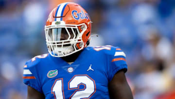 Florida Gators defensive lineman Justus Boone (12) looks on before the game against the South Florida Bulls at Steve Spurrier Field at Ben Hill Griffin Stadium in Gainesville, FL on Saturday, September 17, 2022. [Matt Pendleton/Gainesville Sun]Ncaa Football Florida Gators Vs South Florida Bulls