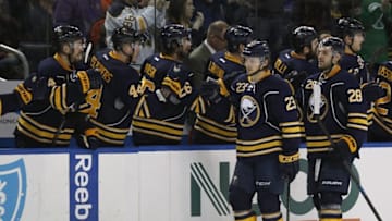 Mar 26, 2016; Buffalo, NY, USA; Buffalo Sabres center Sam Reinhart (23) celebrates his goal during the third period against the Winnipeg Jets at First Niagara Center. Buffalo beats Winnipeg 3 to 2. Mandatory Credit: Timothy T. Ludwig-USA TODAY Sports