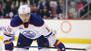 Mar 6, 2016; Winnipeg, Manitoba, CAN; Edmonton Oilers right wing Nail Yakupov (10) waits for the puck to be dropped during the third period against the Winnipeg Jets at MTS Centre. Edmonton Oilers win 2-1. Mandatory Credit: Bruce Fedyck-USA TODAY Sports