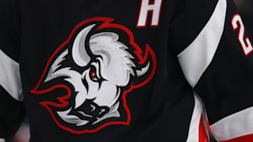 Dec 4, 2022; Buffalo, New York, USA; A general view of the Buffalo Sabres logo on a jersey worn by a player during a game against the San Jose Sharks at KeyBank Center. Mandatory Credit: Timothy T. Ludwig-USA TODAY Sports