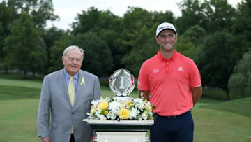 DUBLIN, OHIO - JULY 19: Jon Rahm of Spain celebrates with Jack Nicklaus and the trophy after winning in the final round of The Memorial Tournament on July 19, 2020 at Muirfield Village Golf Club in Dublin, Ohio. (Photo by Jamie Squire/Getty Images)