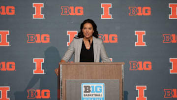 Oct 11, 2022; Minneapolis, Minnesota, US; Illinois womens head coach Shauna Green speaks to the media during the Big Ten media days at Target Center. Mandatory Credit: Matt Krohn-USA TODAY Sports