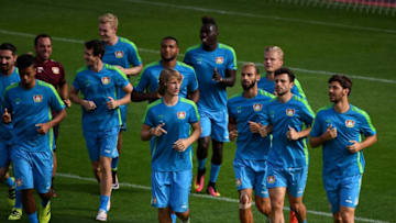 Leverkusen's players warm up with his team-mates during a training session in Leverkusen, western Germany on September 13, 2016, the eve of the Champions League group E first-leg football match between Bayer Leverkusen and PFC CSKA Moskva. / AFP / PATRIK STOLLARZ (Photo credit should read PATRIK STOLLARZ/AFP/Getty Images)