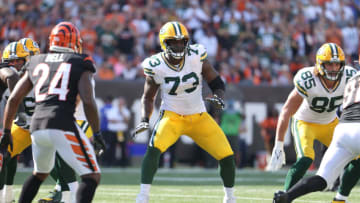 CINCINNATI, OHIO - OCTOBER 10: Yosh Nijman #73 of the Green Bay Packers against the Cincinnati Bengals at Paul Brown Stadium on October 10, 2021 in Cincinnati, Ohio. (Photo by Andy Lyons/Getty Images)
