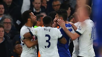 LONDON, ENGLAND - MAY 02 : Diego Costa of Chelsea holds his face as he clashes with Mousa Dembele of Tottenham Hotspur during the Barclays Premier League match between Chelsea and Tottenham Hotspur at Stamford Bridge on May 2, 2016 in London, England. (Photo by Catherine Ivill - AMA/Getty Images)