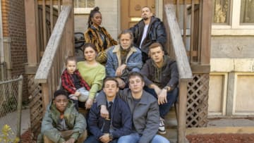 (L-R): William H. Macy as Frank Gallagher, Christian Isaiah as Liam Gallagher, Emma Kenney as Debbie Gallagher, Ethan Cutkosky as Carl Gallagher, Shanola Hampton as Veronica Fisher, Kate Miner as Tami Tamietti, Jeremy Allen White as Lip Gallagher, Cameron Monaghan as Ian Gallagher, Steve Howey as Kevin Ball and Noel Fisher as Mickey Milkovich in SHAMELESS, Season 11. Photo Credit: Paul Sarkis/SHOWTIME.
