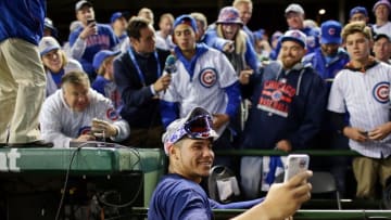 Oct 22, 2016; Chicago, IL, USA; Chicago Cubs catcher Willson Contreras (40) takes a selfie with a fan