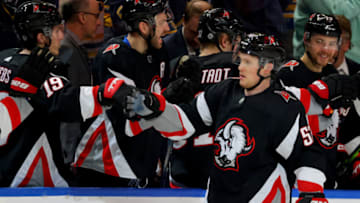 Mar 4, 2023; Buffalo, New York, USA; Buffalo Sabres left wing Jeff Skinner (53) celebrates his goal with teammates during the third period against the Tampa Bay Lightning at KeyBank Center. Mandatory Credit: Timothy T. Ludwig-USA TODAY Sports