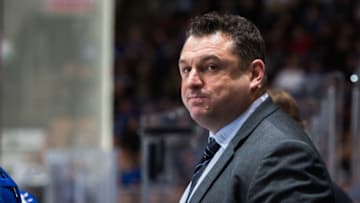 TORONTO, ON - DECEMBER 20: Toronto Maple Leafs assistant coach D.J. Smith looks on against the Florida Panthers during the third period at the Scotiabank Arena on December 20, 2018 in Toronto, Ontario, Canada. (Photo by Kevin Sousa/NHLI via Getty Images)