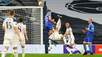 LONDON, ENGLAND - FEBRUARY 24: Dele Alli of Tottenham Hotspur scores their team's first goal with a overhead kick during the UEFA Europa League Round of 32 match between Tottenham Hotspur and Wolfsberger AC at The Tottenham Hotspur Stadium on February 24, 2021 in London, England. Sporting stadiums around the UK remain under strict restrictions due to the Coronavirus Pandemic as Government social distancing laws prohibit fans inside venues resulting in games being played behind closed doors. (Photo by Julian Finney/Getty Images)