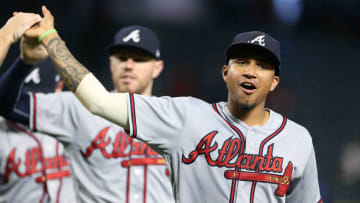 PHOENIX, AZ - SEPTEMBER 09: Johan Camargo #17 of the Atlanta Braves is congratulated by teammates after a 9-5 victory against the Arizona Diamondbacks during an MLB game at Chase Field on September 9, 2018 in Phoenix, Arizona. (Photo by Ralph Freso/Getty Images)