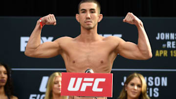 KANSAS CITY, MO - APRIL 14: Louis Smolka poses on the scale during the UFC Fight Night weigh-in at the Kansas City Power